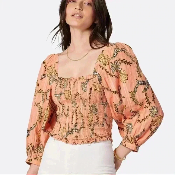 Joie | Peach Floral Print Smocked Cropped Blouse with Puff Sleeves - Picture 1 of 6